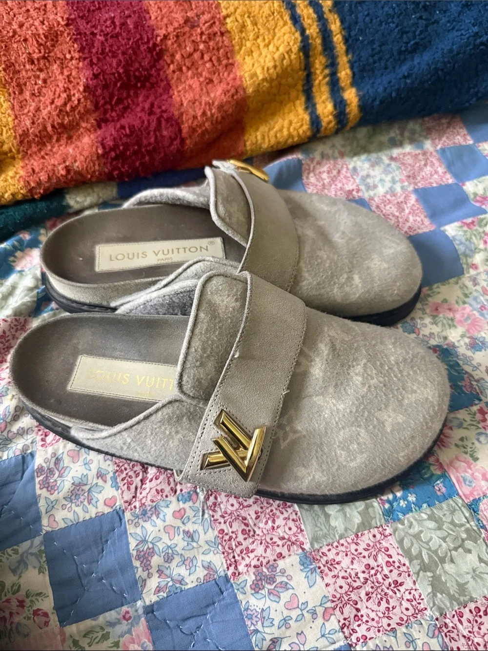 Louis Vuitton Kids Light Gray Monogram Slip-On Clogs with Gold LV Buckles